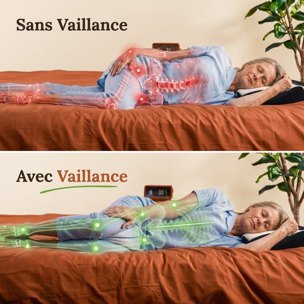 Sans coussin : bassin en torsion. Avec le Coussin Vaillance : jambes alignées.